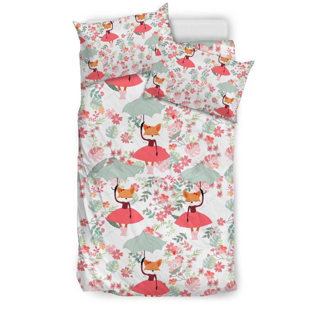 Fox Girl Flower Pattern Print Duvet Cover Bedding Set-grizzshop