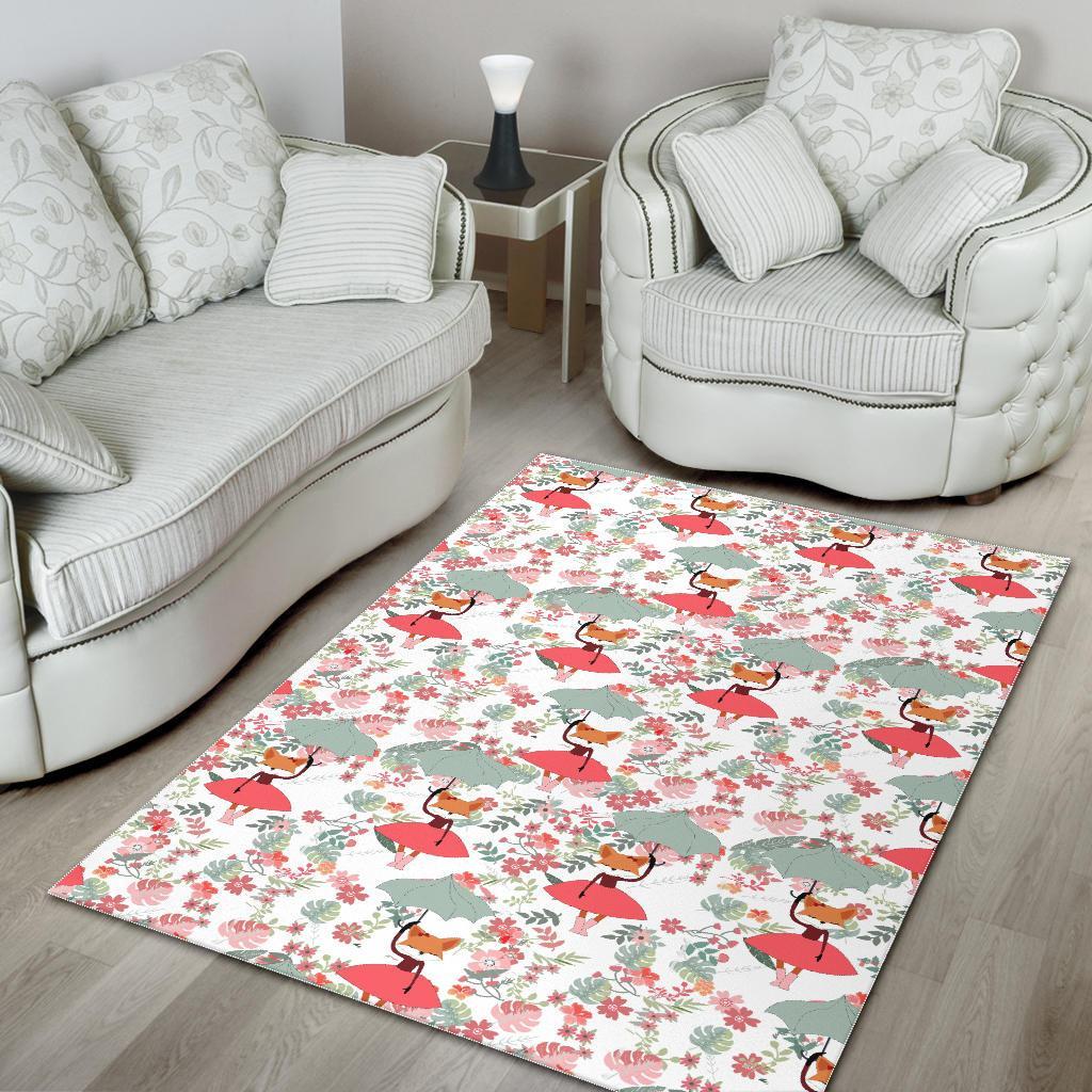 Fox Girl Flower Pattern Print Floor Mat-grizzshop