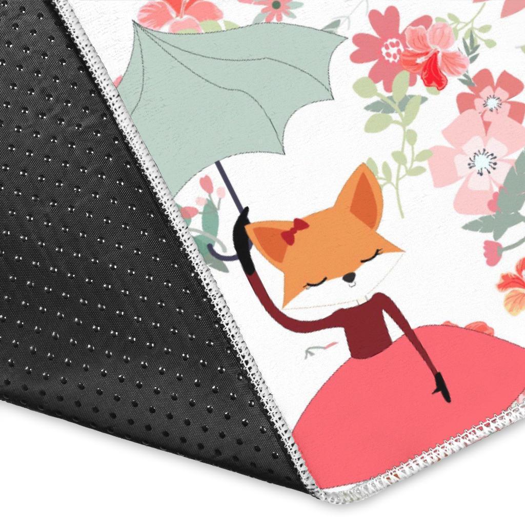 Fox Girl Flower Pattern Print Floor Mat-grizzshop