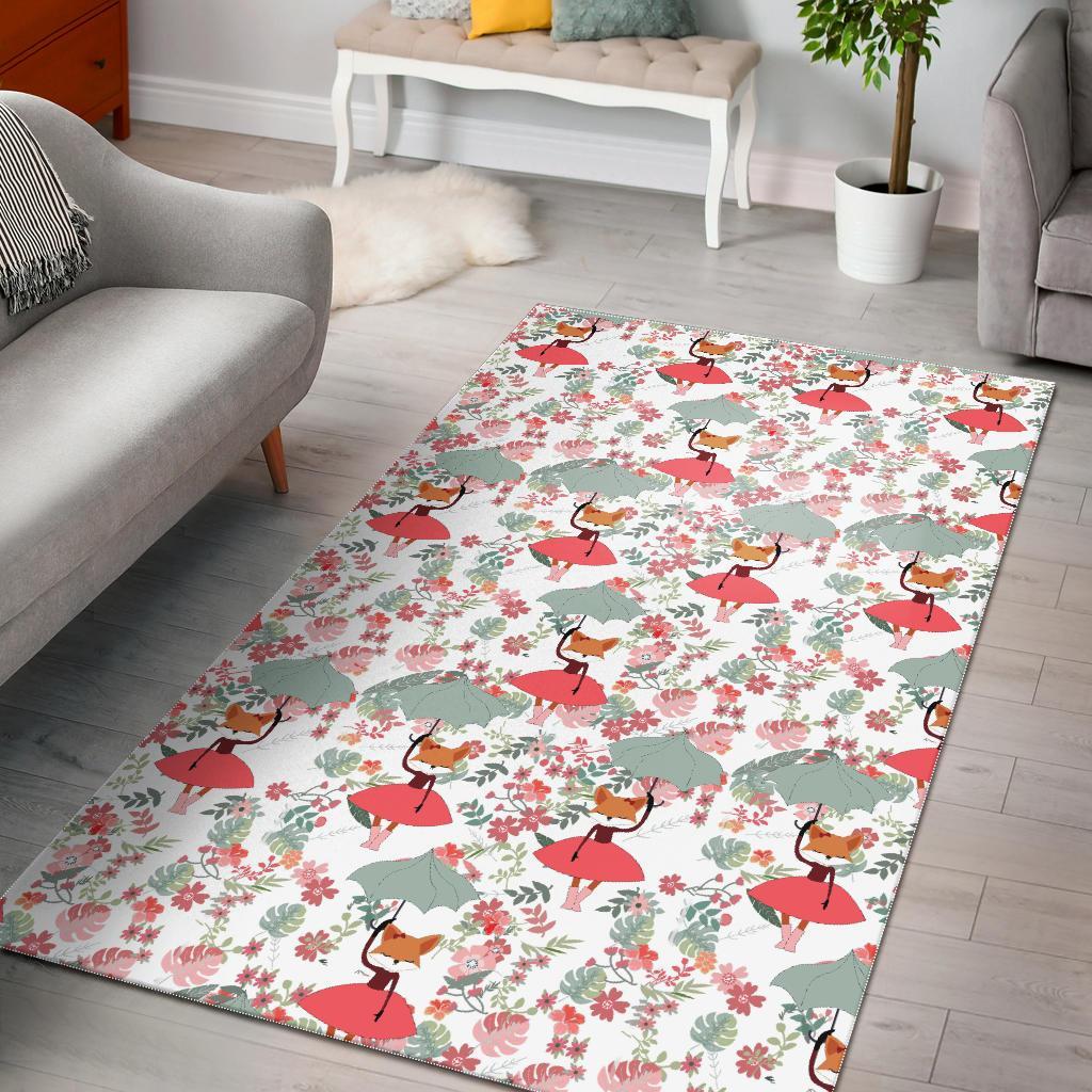 Fox Girl Flower Pattern Print Floor Mat-grizzshop