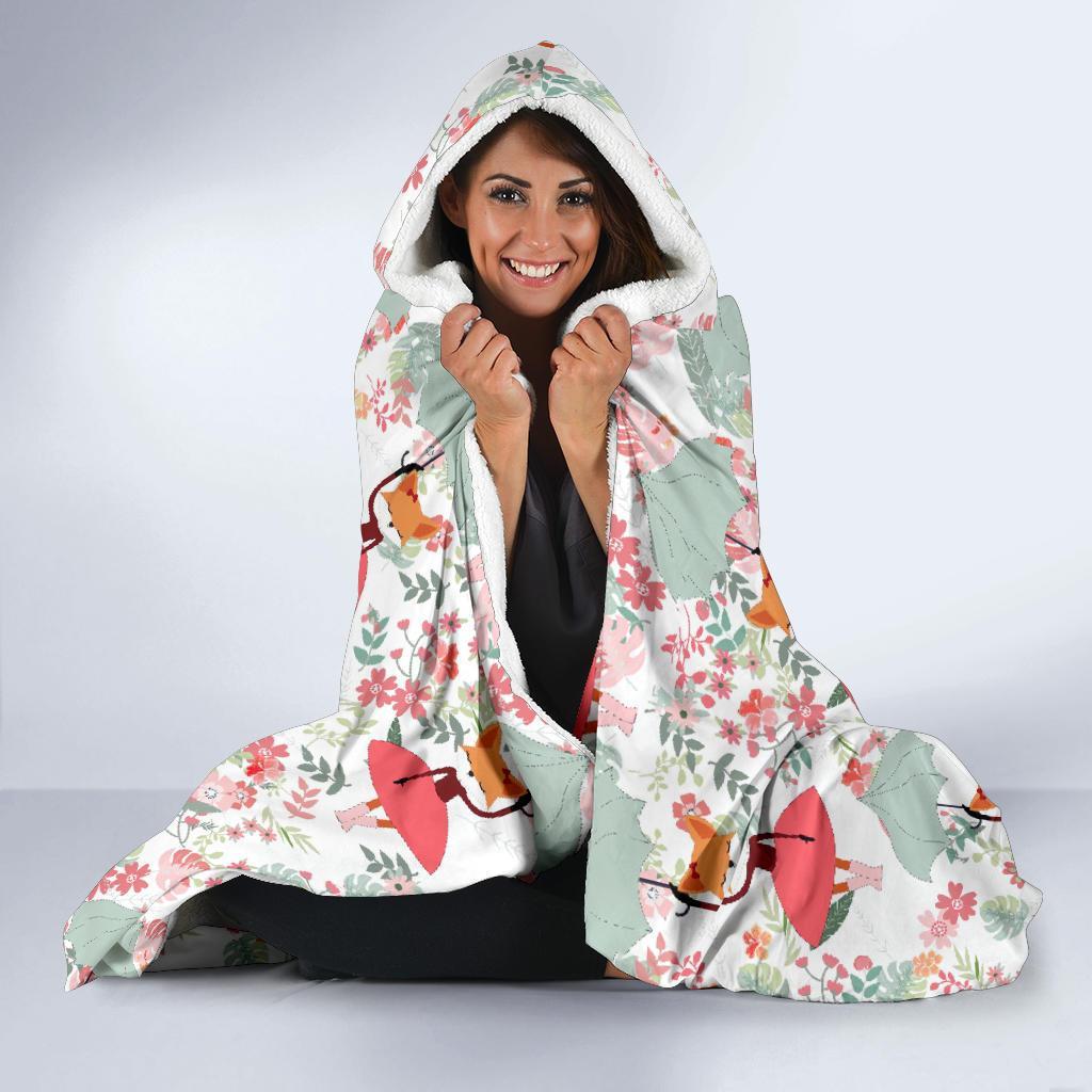 Fox Girl Flower Pattern Print Hooded Blanket-grizzshop