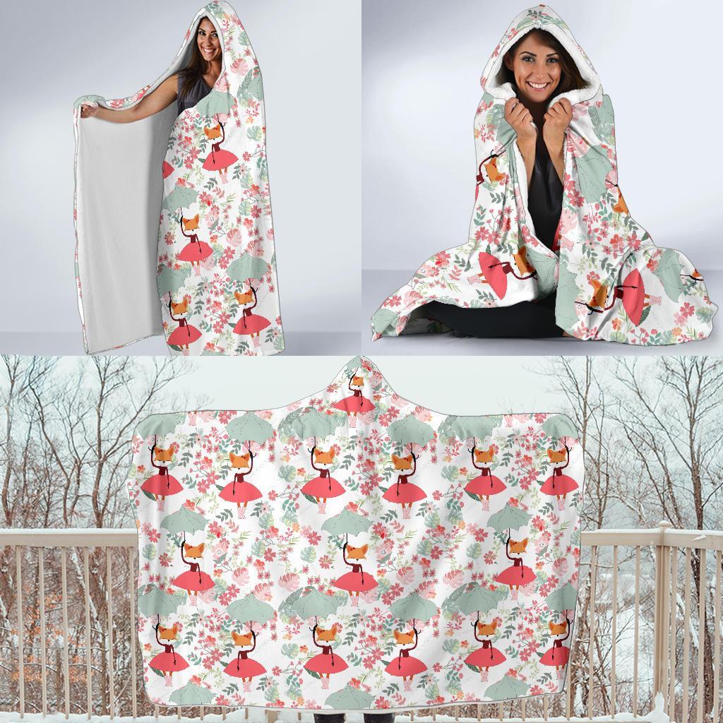 Fox Girl Flower Pattern Print Hooded Blanket-grizzshop