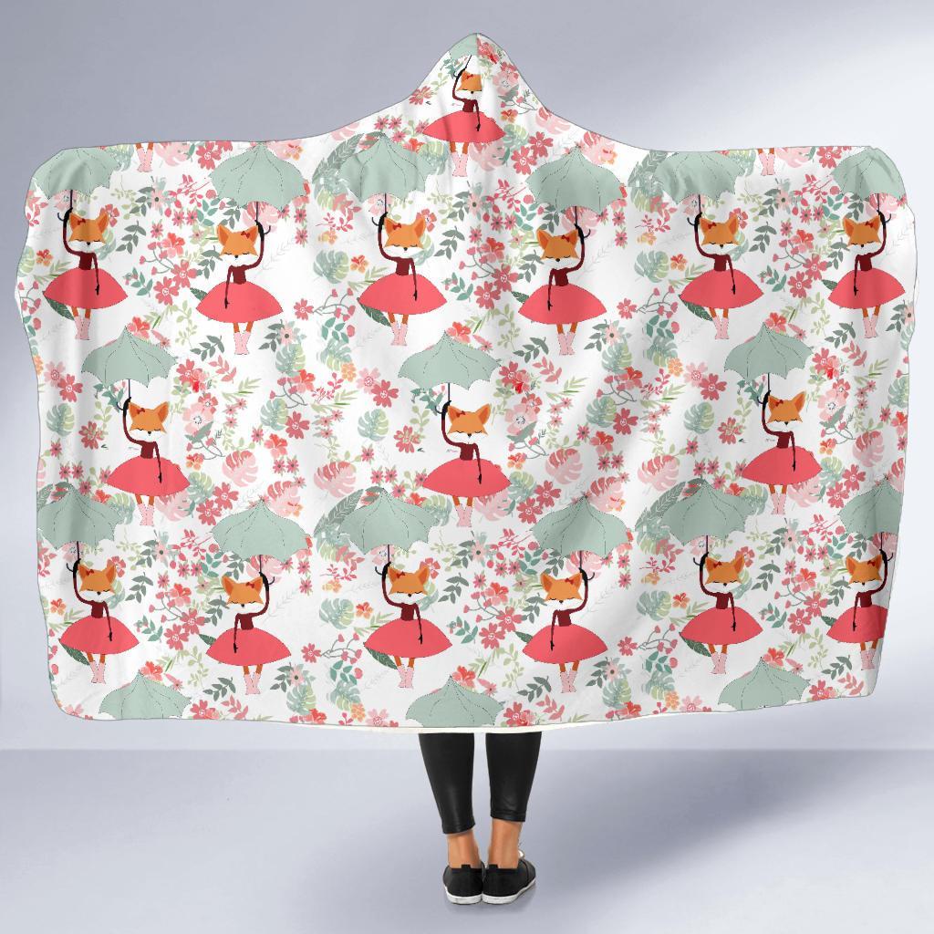 Fox Girl Flower Pattern Print Hooded Blanket-grizzshop