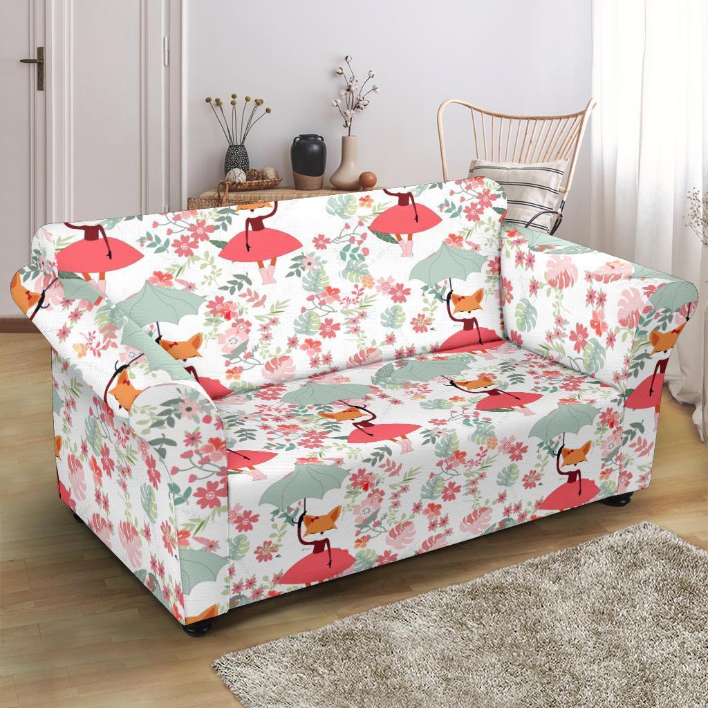 Fox Girl Flower Pattern Print Loveseat Cover-grizzshop