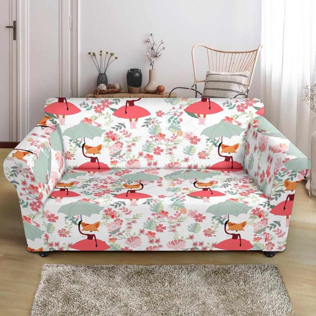 Fox Girl Flower Pattern Print Loveseat Cover-grizzshop