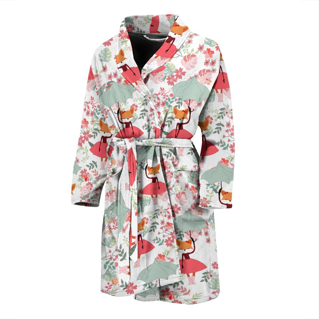 Fox Girl Flower Pattern Print Men Long Robe-grizzshop