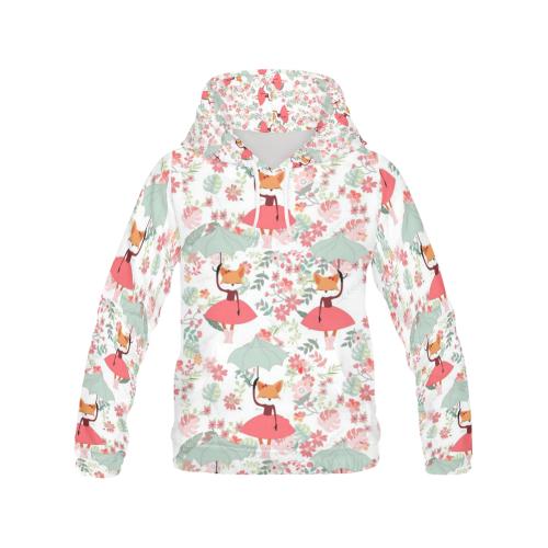 Fox Girl Flower Pattern Print Men Pullover Hoodie-grizzshop