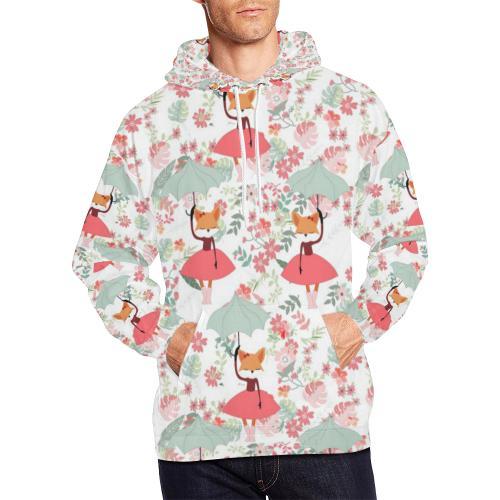 Fox Girl Flower Pattern Print Men Pullover Hoodie-grizzshop