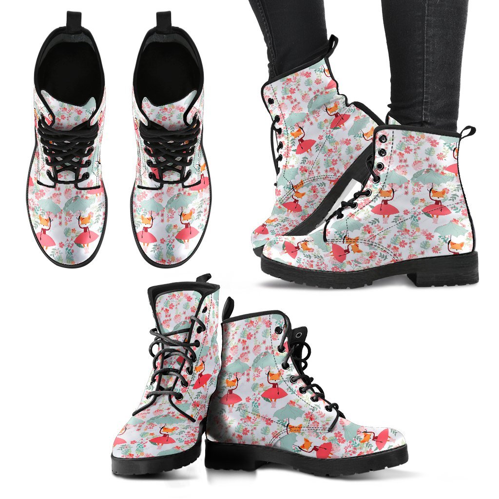 Fox Girl Flower Pattern Print Men Women Leather Boots-grizzshop
