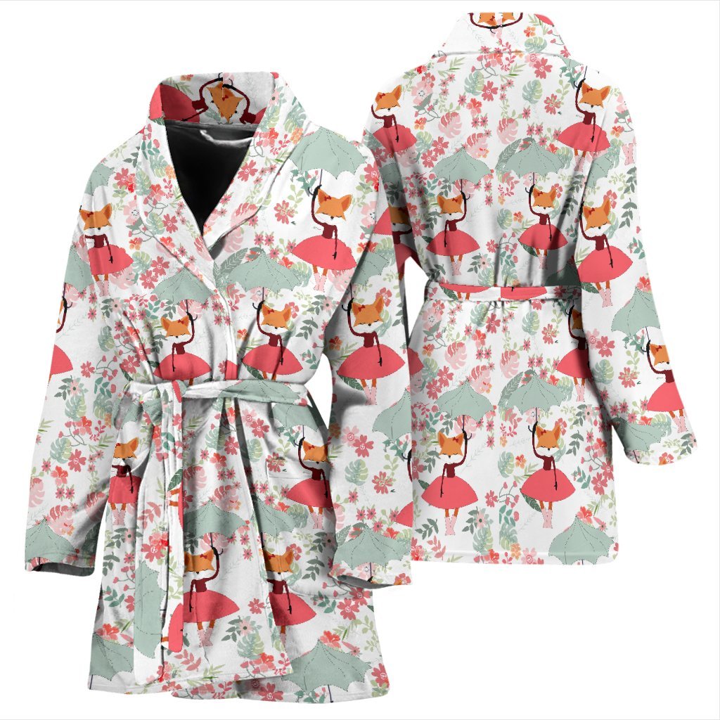 Fox Girl Flower Pattern Print Women Long Robe-grizzshop