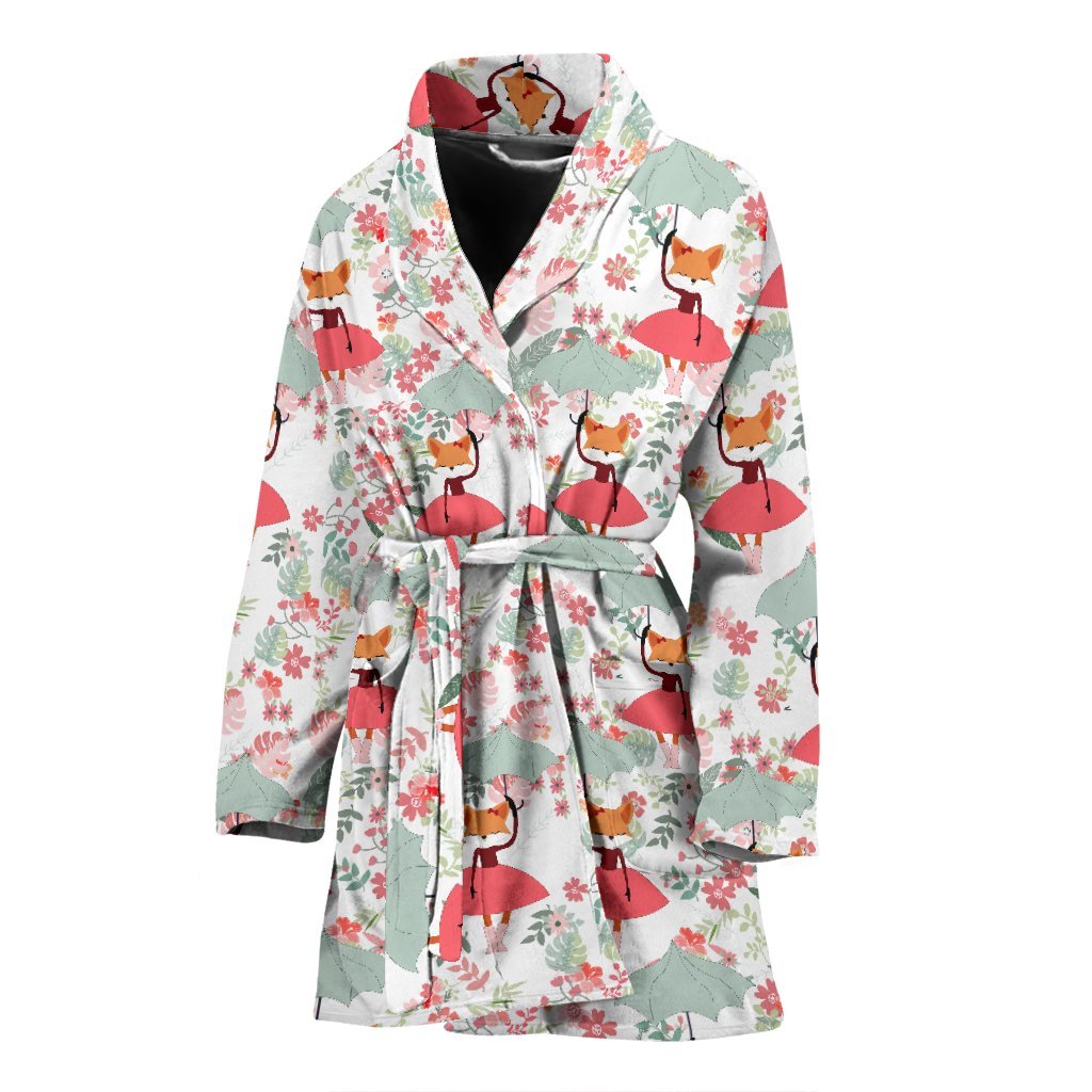 Fox Girl Flower Pattern Print Women Long Robe-grizzshop