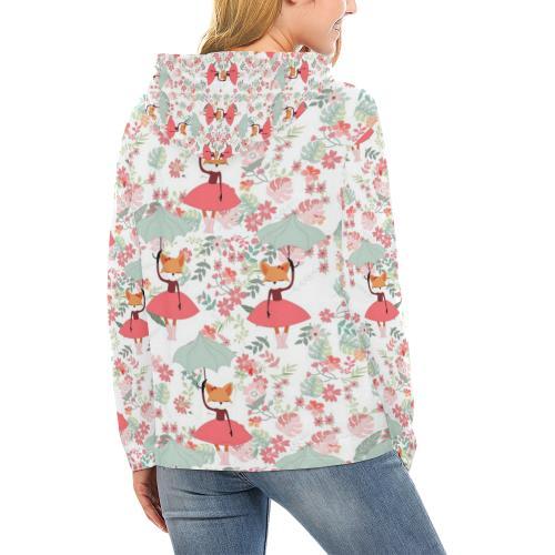 Fox Girl Flower Pattern Print Women Pullover Hoodie-grizzshop