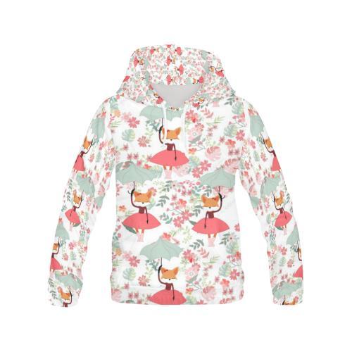 Fox Girl Flower Pattern Print Women Pullover Hoodie-grizzshop