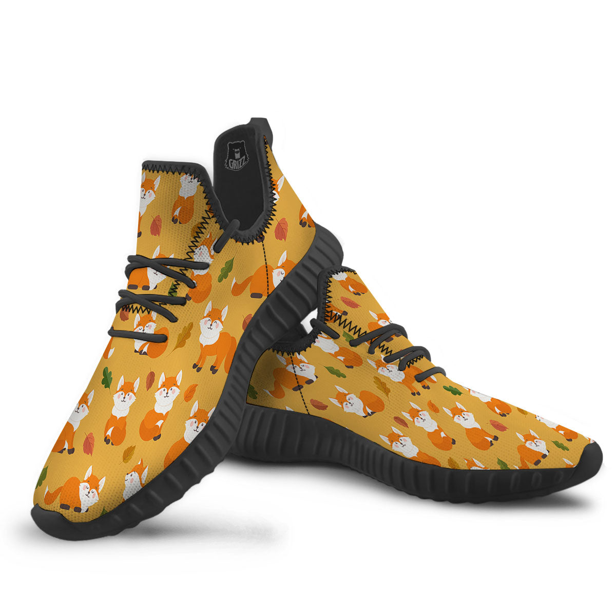 Fox Orange Print Pattern Black Walking Shoes-grizzshop