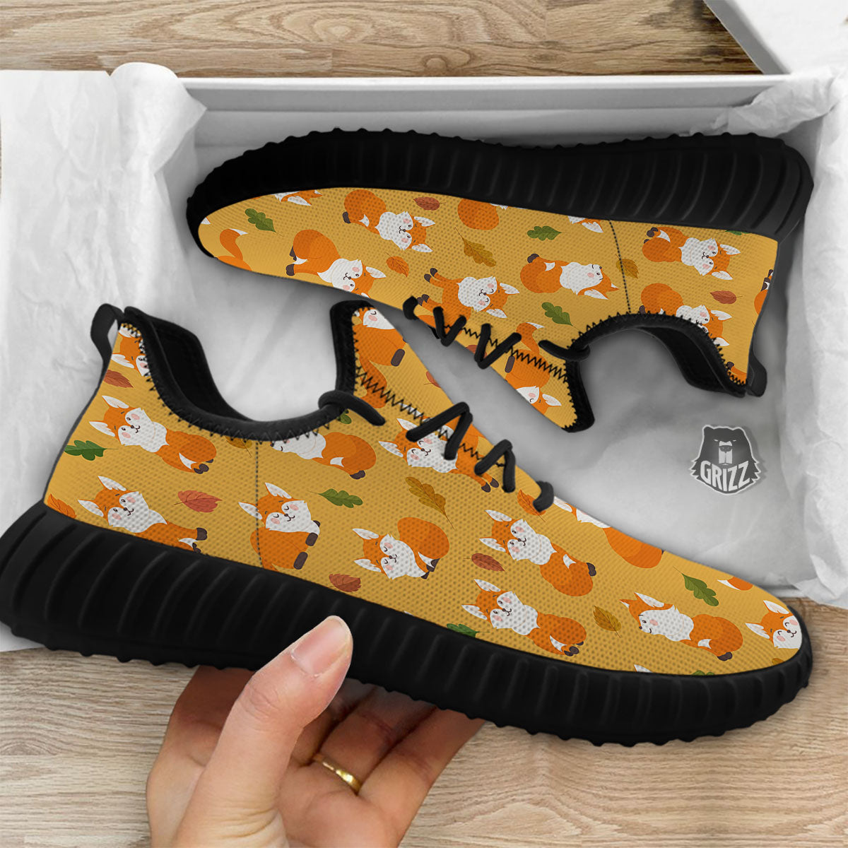 Fox Orange Print Pattern Black Walking Shoes-grizzshop