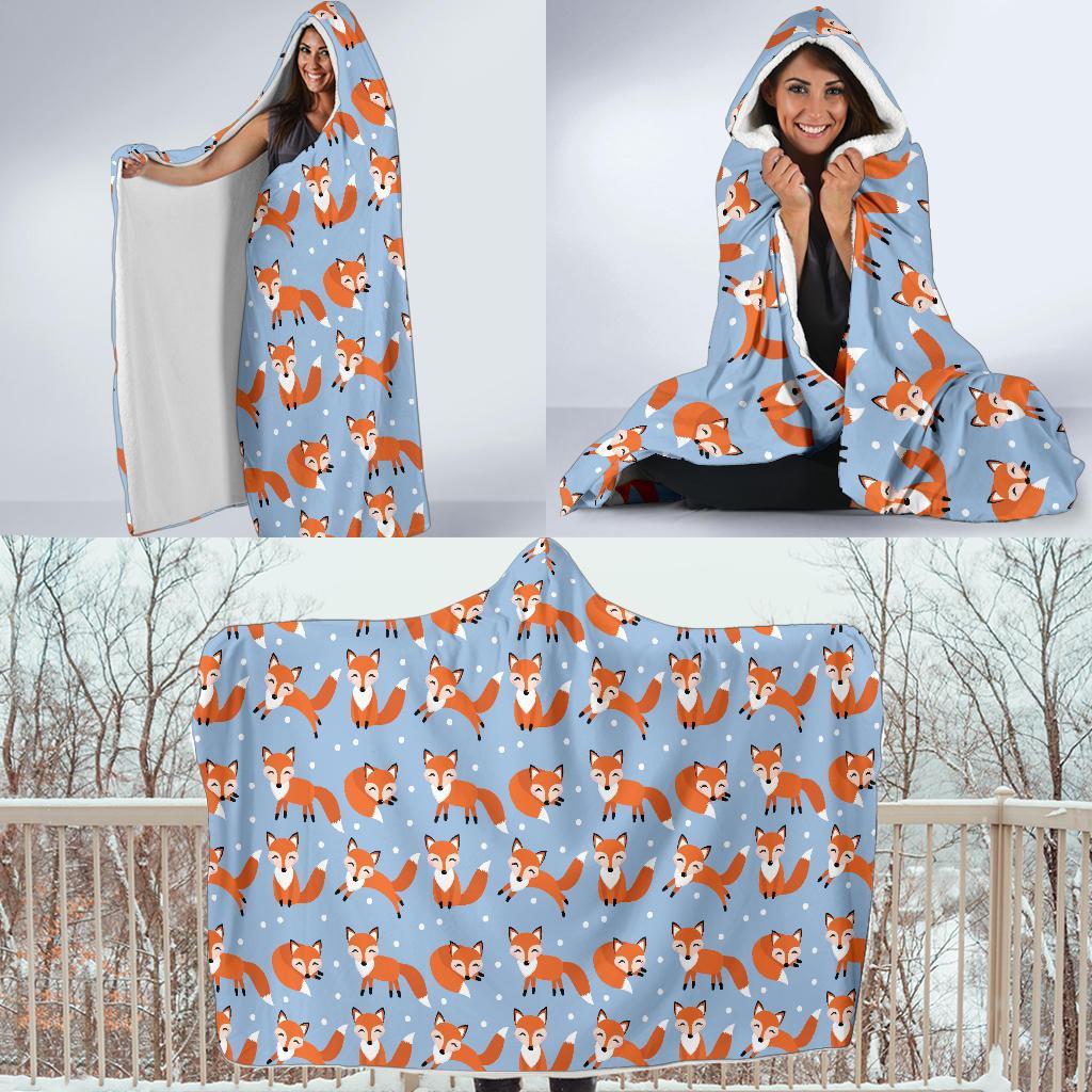 Fox Snow Pattern Print Hooded Blanket-grizzshop