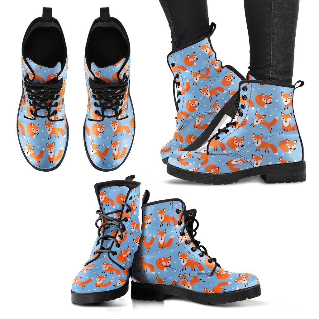 Fox Snow Pattern Print Men Women Leather Boots-grizzshop