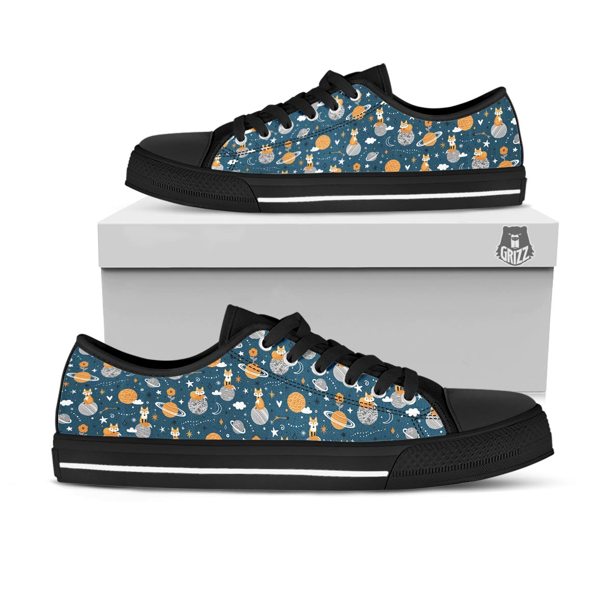 Fox Space Print Pattern Black Low Top Shoes-grizzshop
