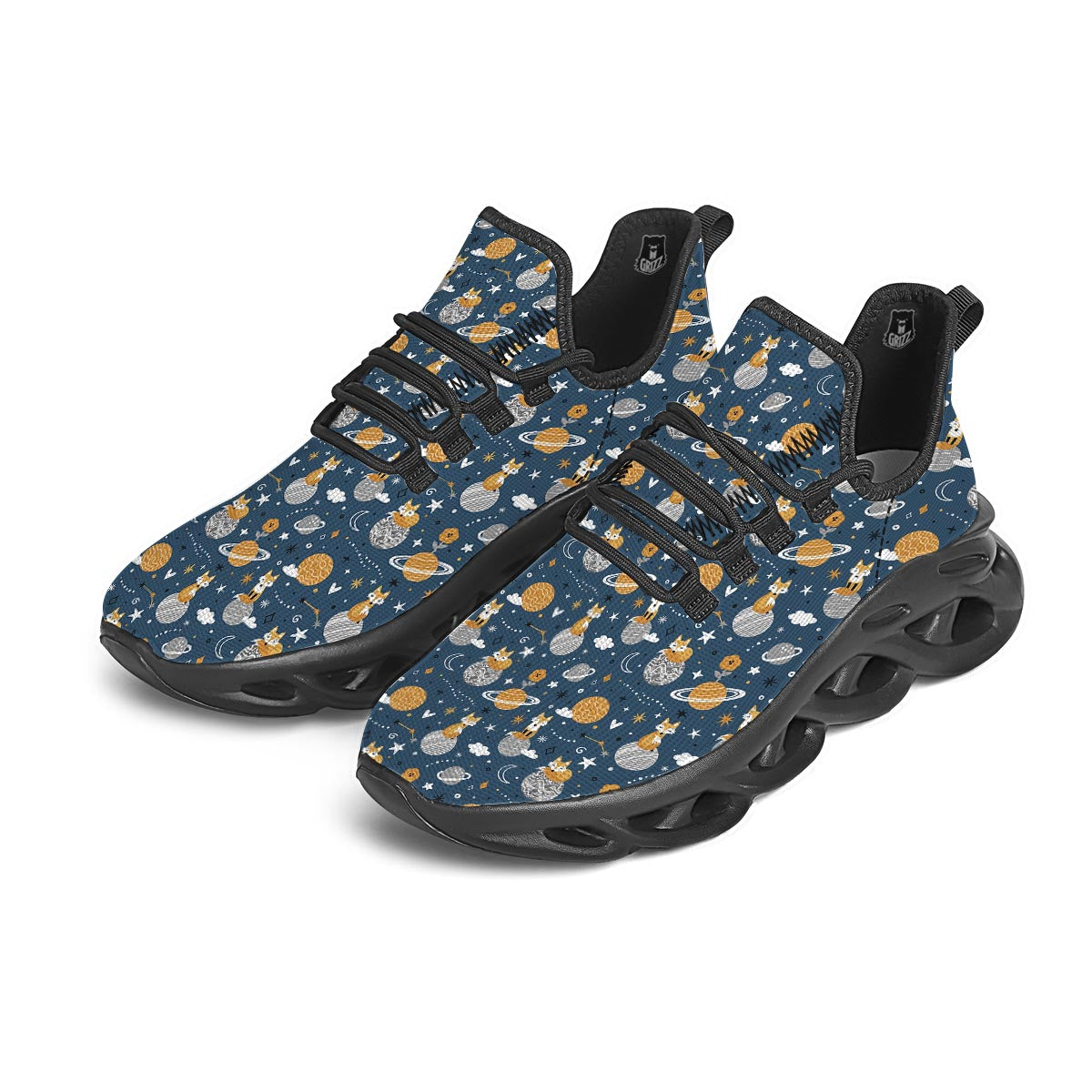 Fox Space Print Pattern Black Running Shoes-grizzshop