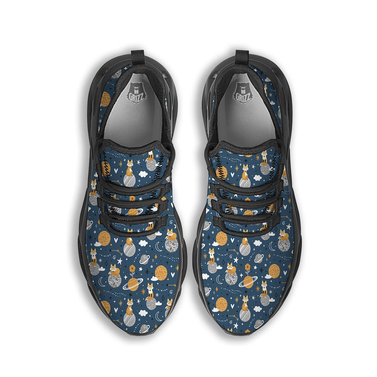 Fox Space Print Pattern Black Running Shoes-grizzshop