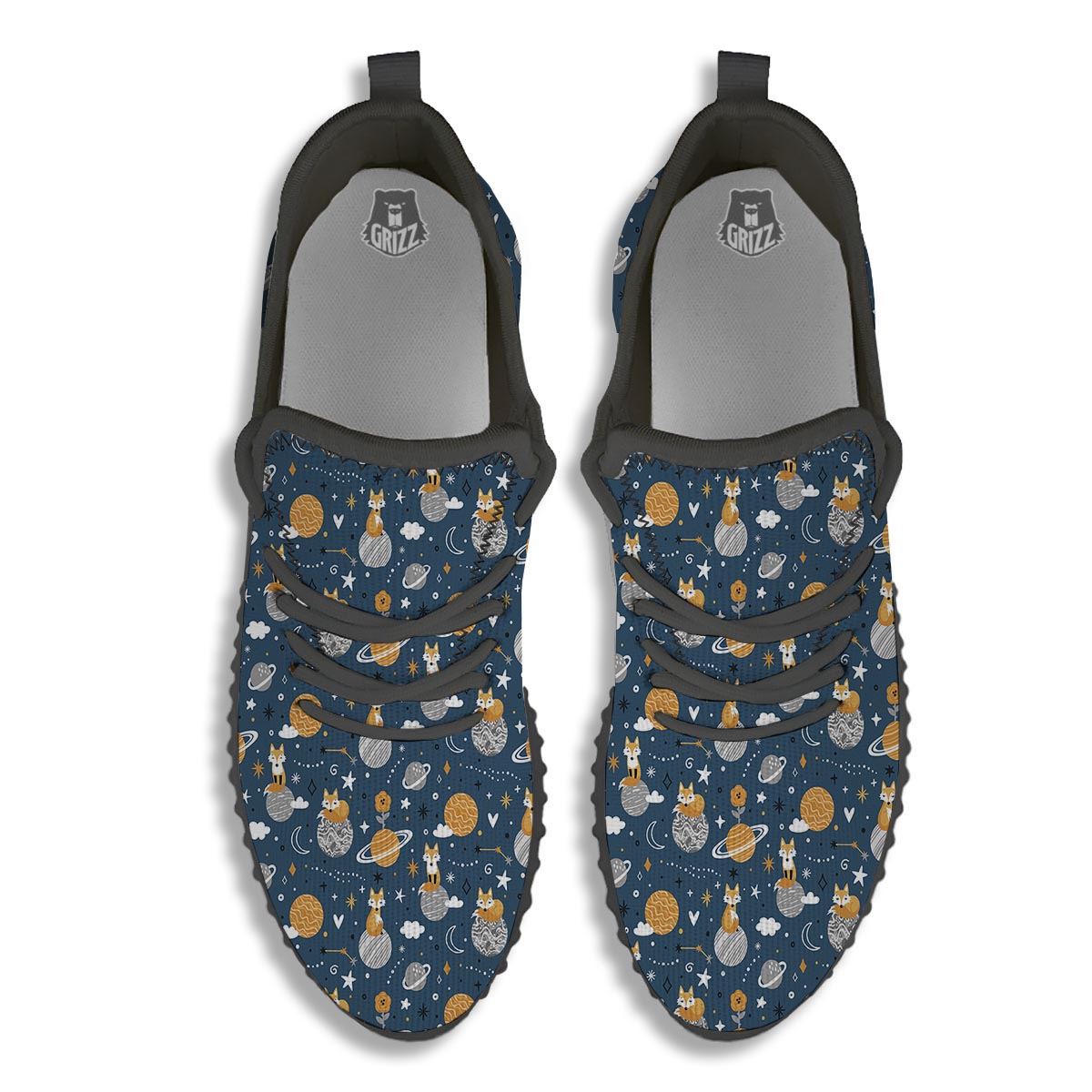 Fox Space Print Pattern Black Walking Shoes-grizzshop