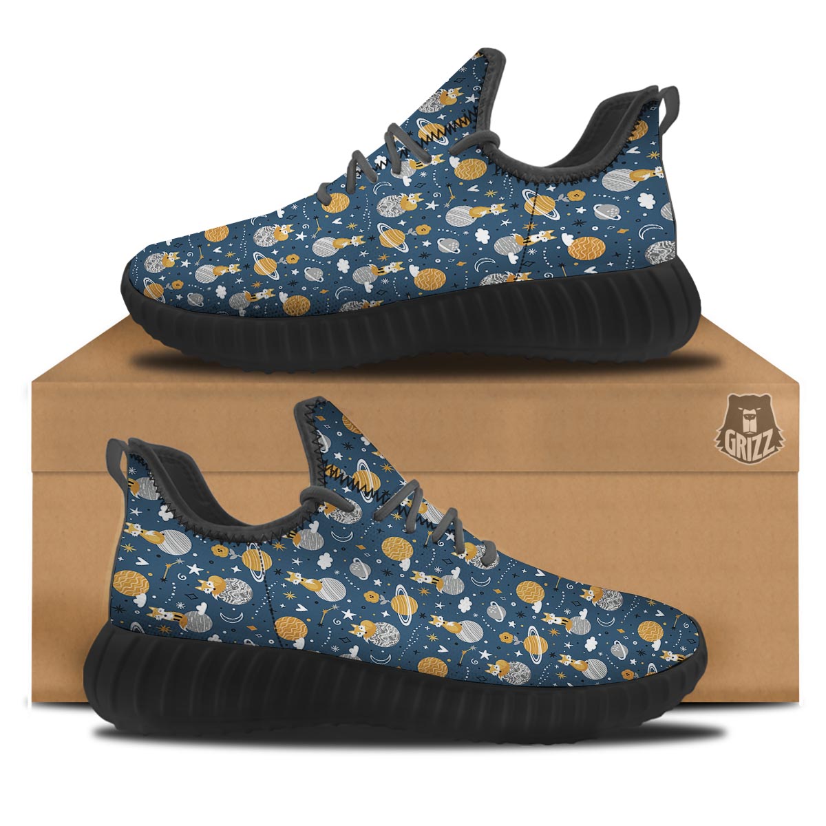 Fox Space Print Pattern Black Walking Shoes-grizzshop