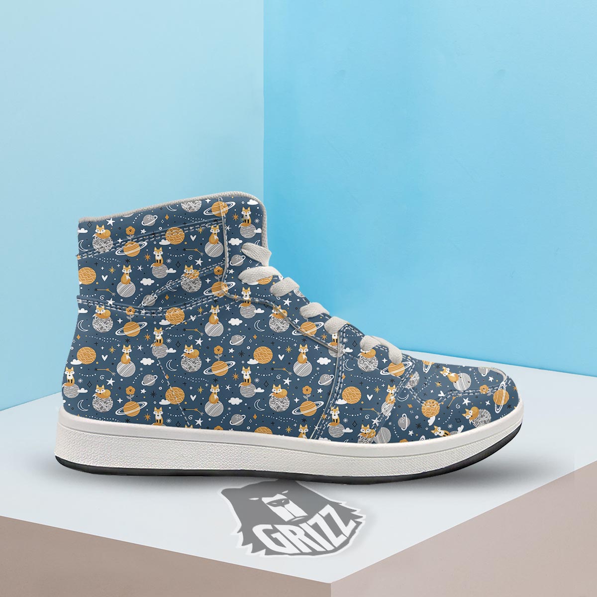 Fox Space Print Pattern High Top Sneakers-grizzshop