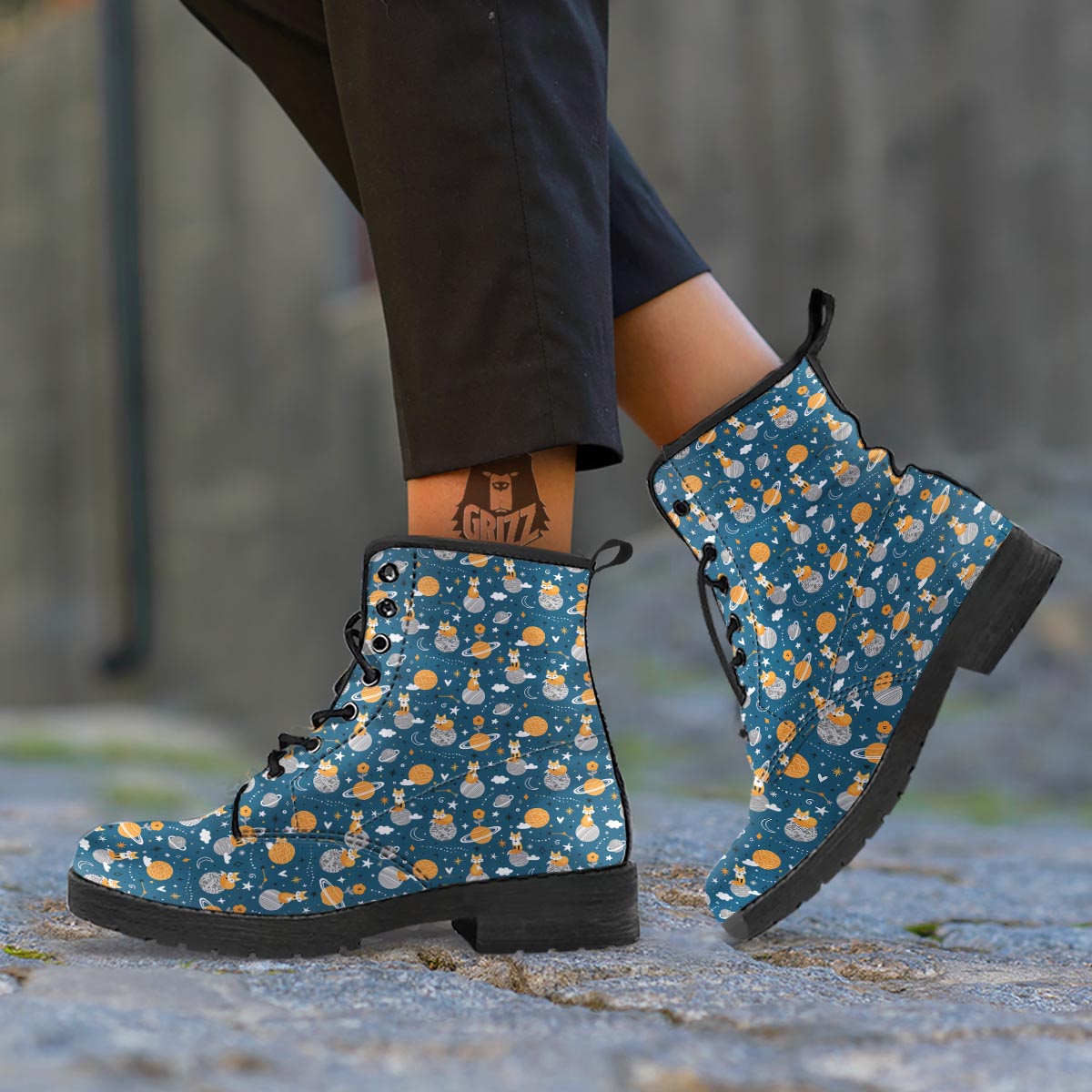 Fox Space Print Pattern Leather Boots-grizzshop