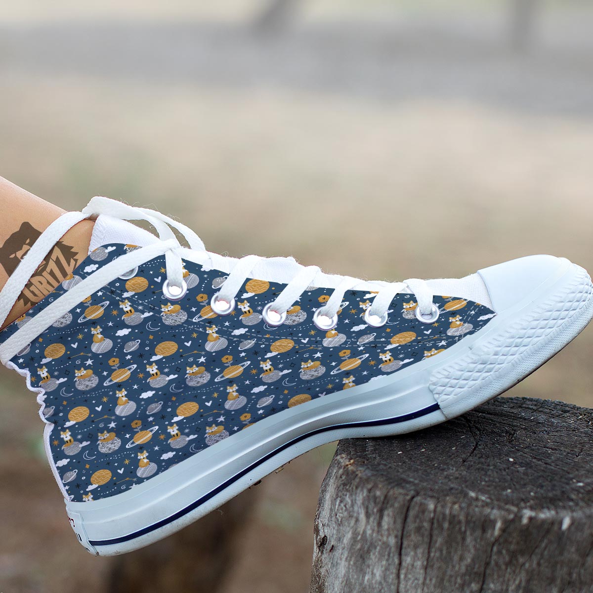 Fox Space Print Pattern White High Top Shoes-grizzshop