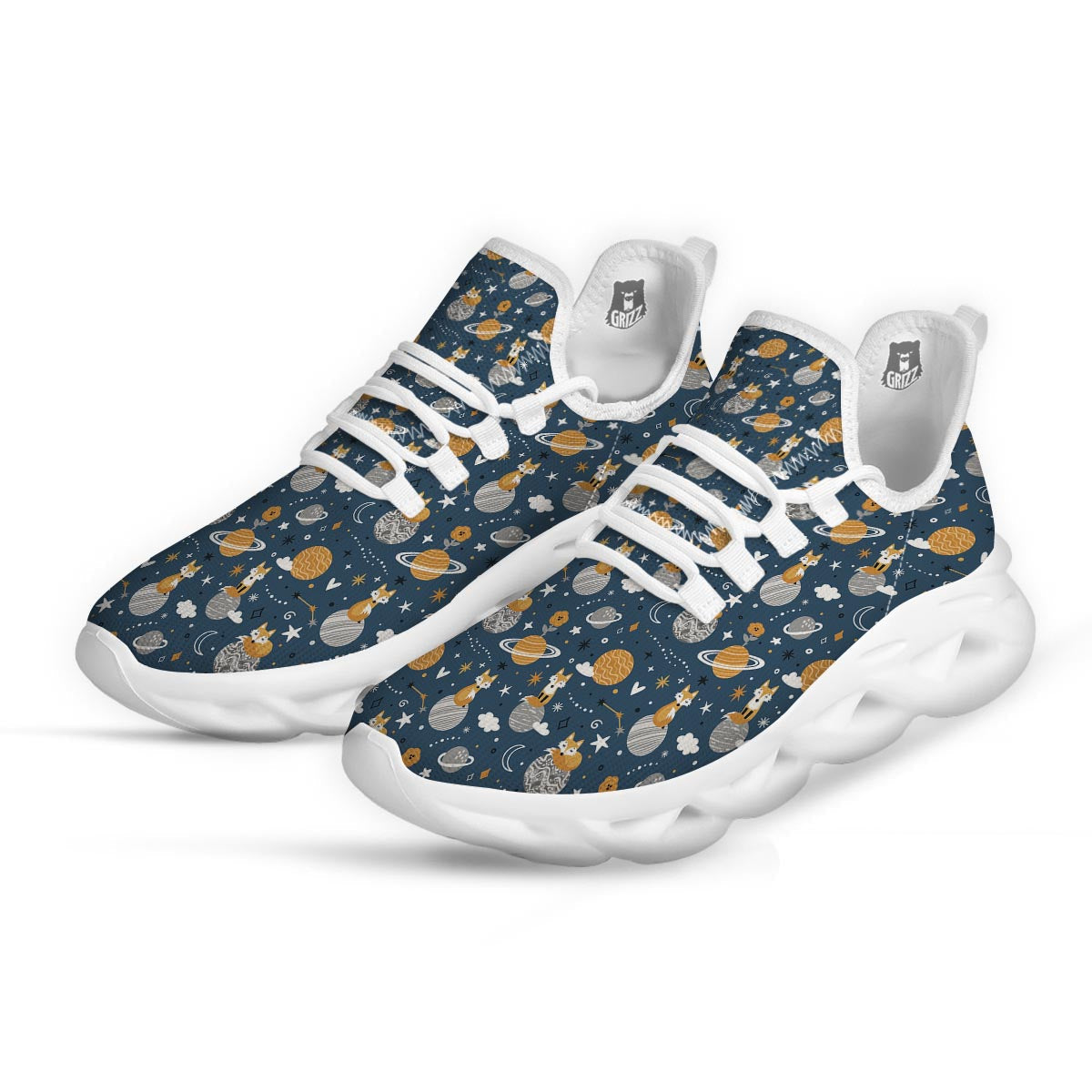 Fox Space Print Pattern White Running Shoes-grizzshop