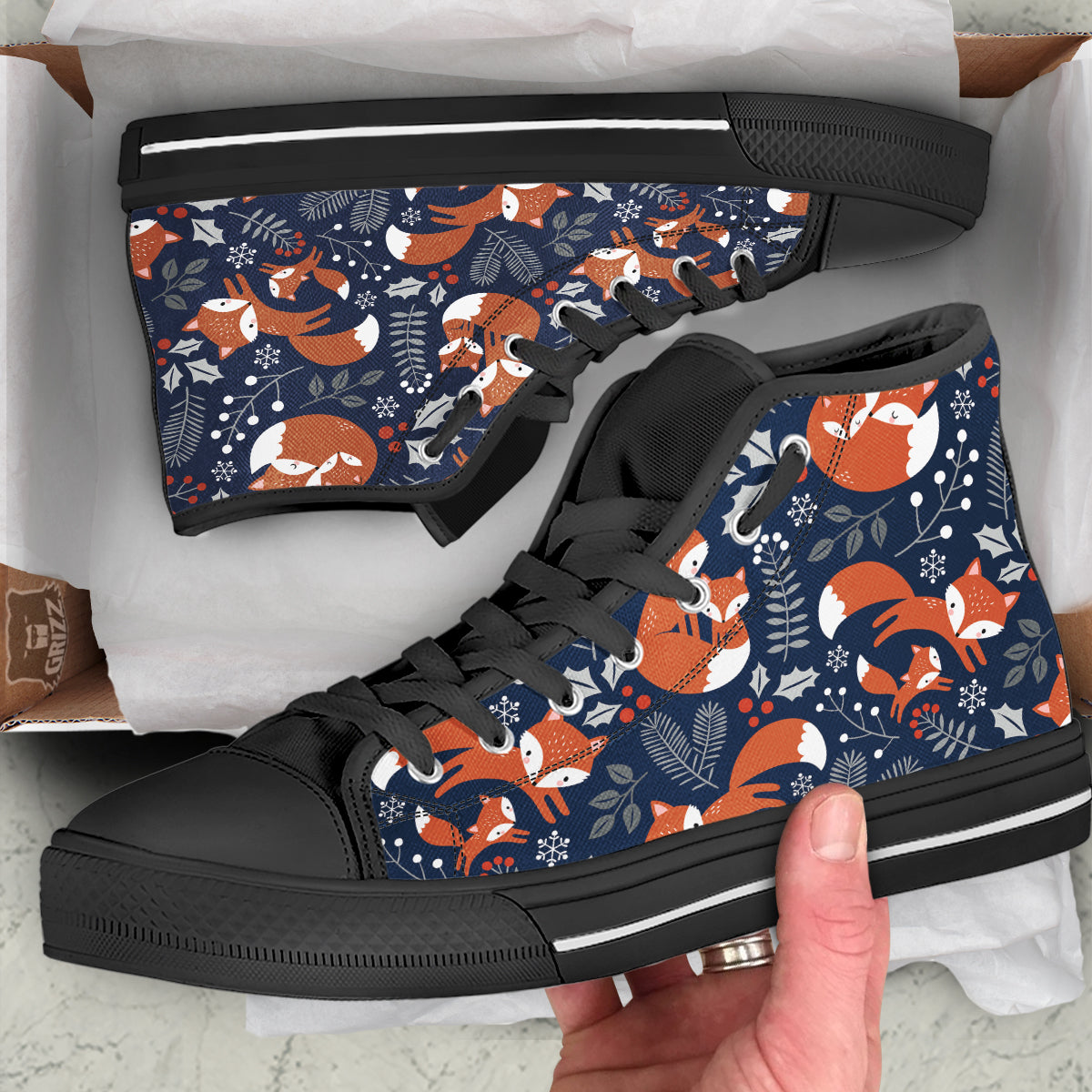 Fox Winter Print Pattern Black High Top Shoes-grizzshop
