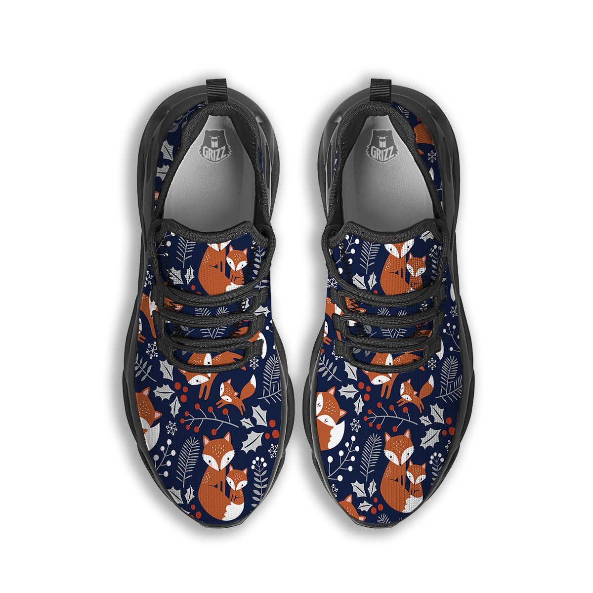 Fox Winter Print Pattern Black Running Shoes-grizzshop