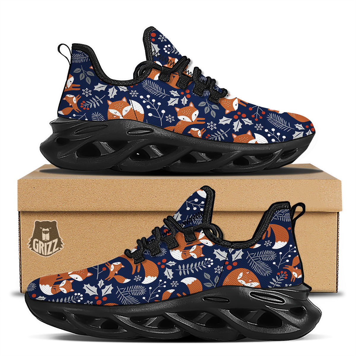 Fox Winter Print Pattern Black Running Shoes-grizzshop