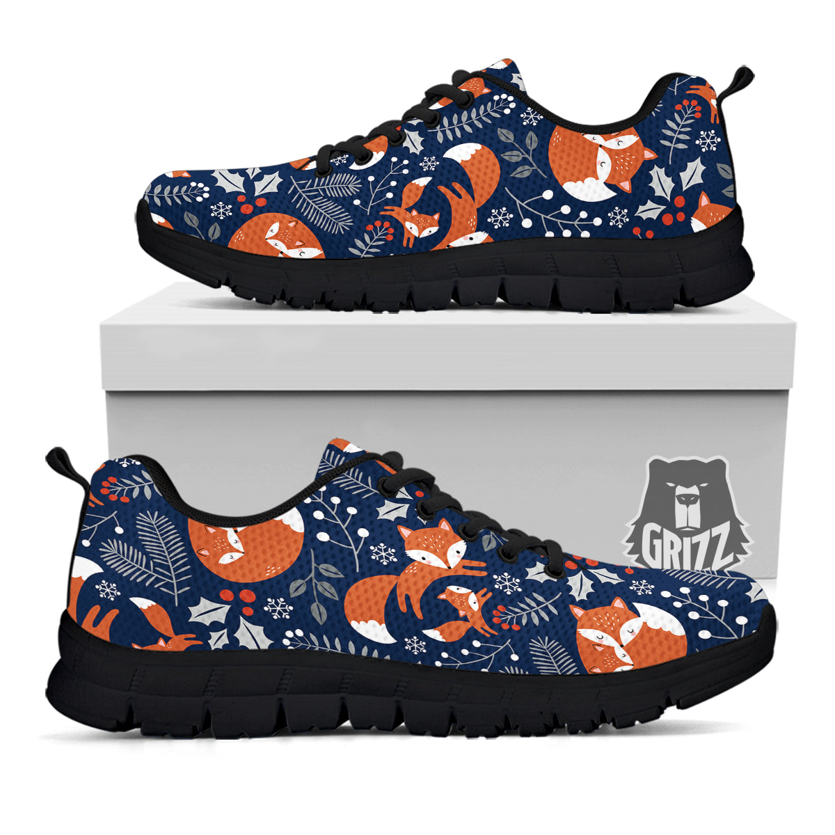 Fox Winter Print Pattern Black Sneaker-grizzshop