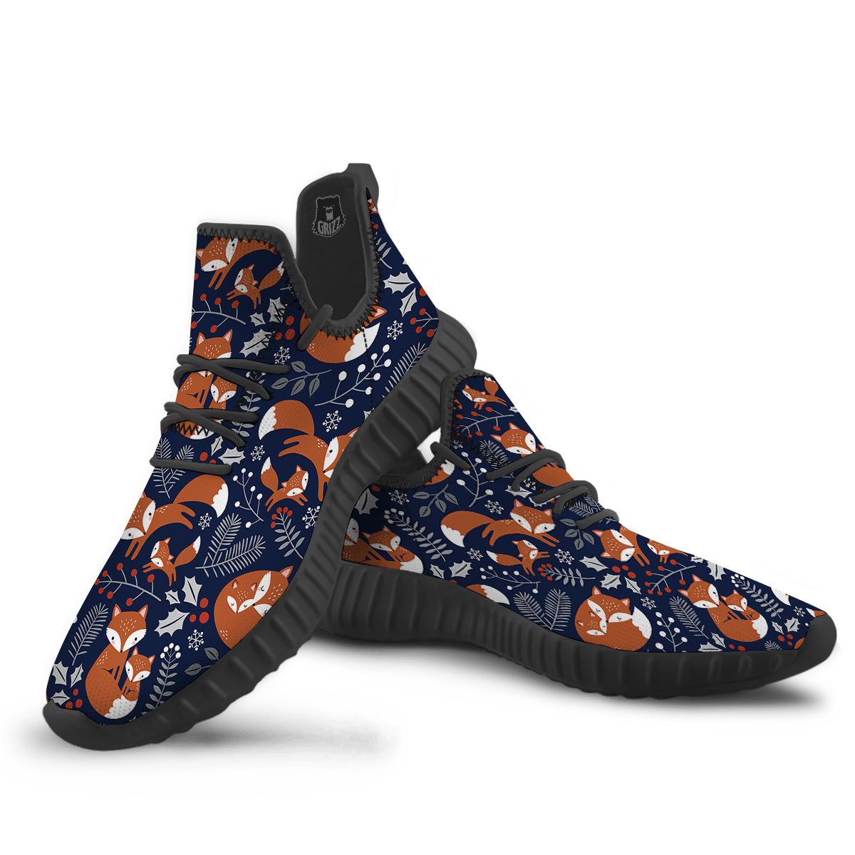 Fox Winter Print Pattern Black Walking Shoes-grizzshop