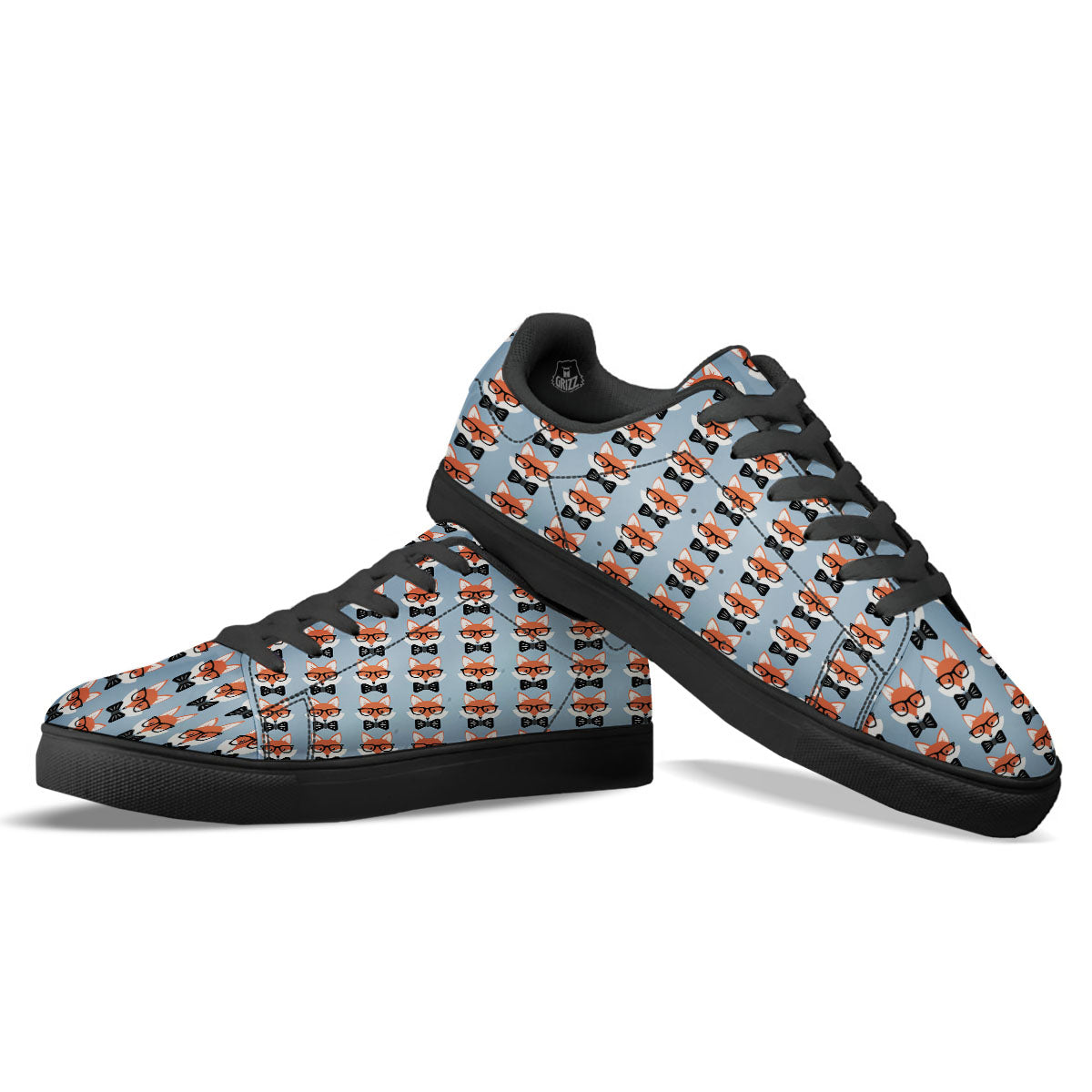 Fox With Glasses Print Pattern Black Low Top Sneakers-grizzshop
