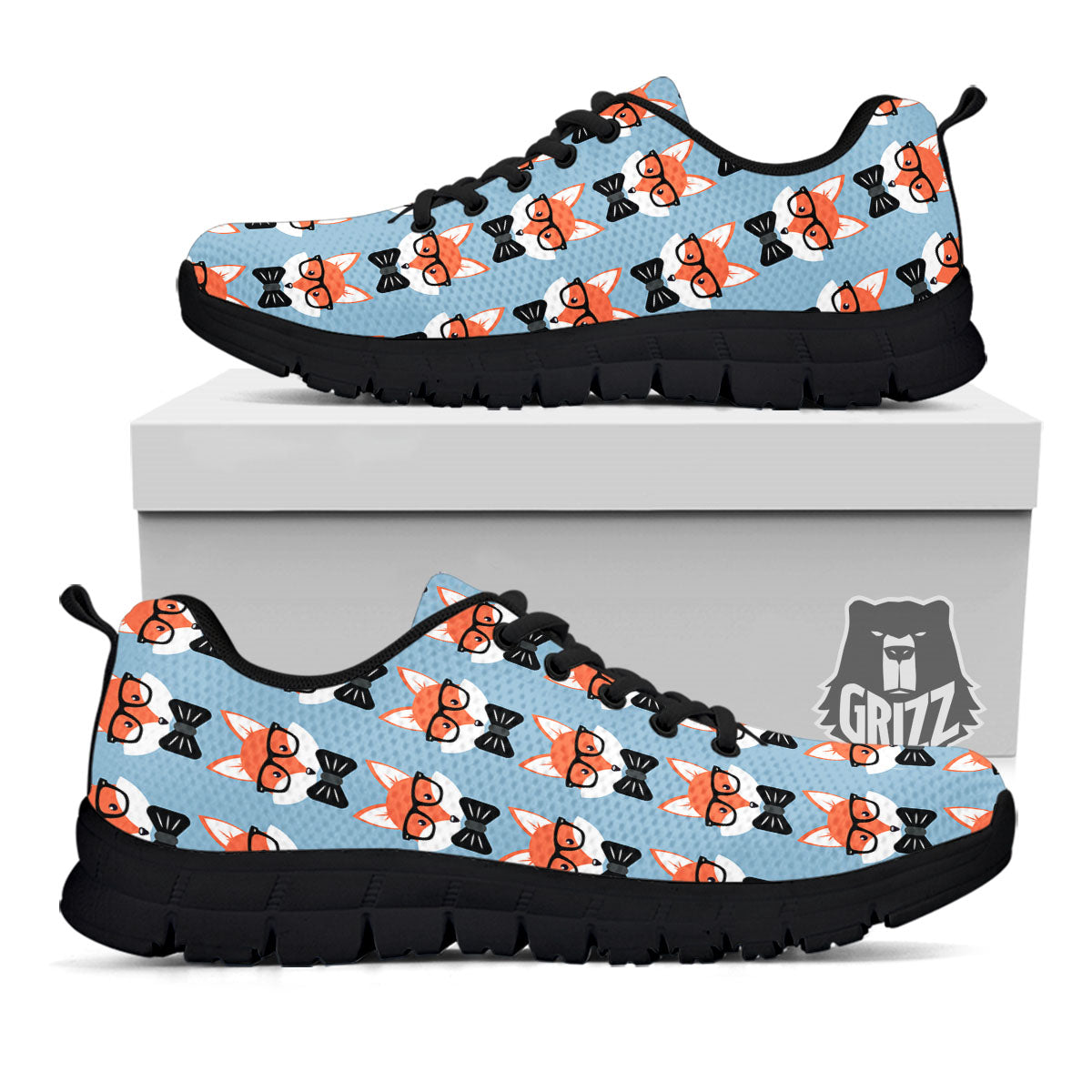 Fox With Glasses Print Pattern Black Sneaker-grizzshop