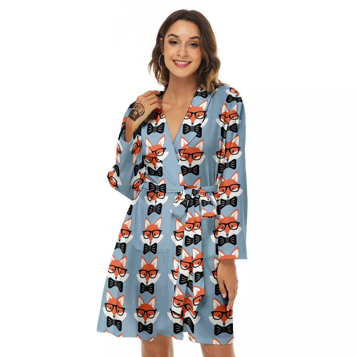 Fox With Glasses Print Pattern Women's Robe-grizzshop