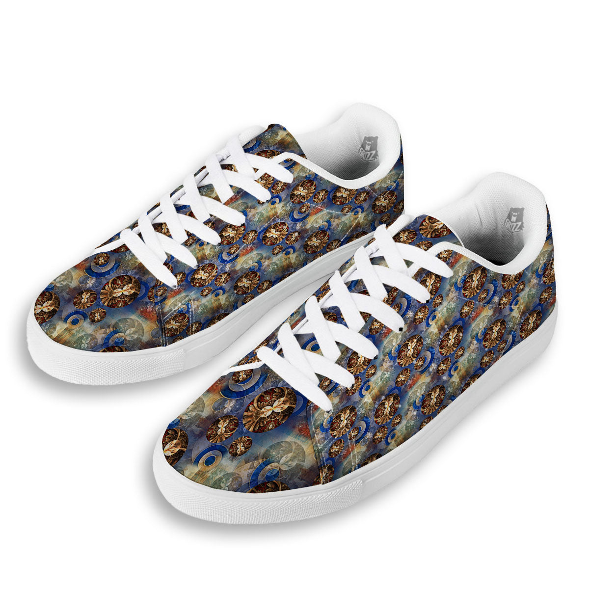 Fractal Abstract Print White Low Top Sneakers-grizzshop