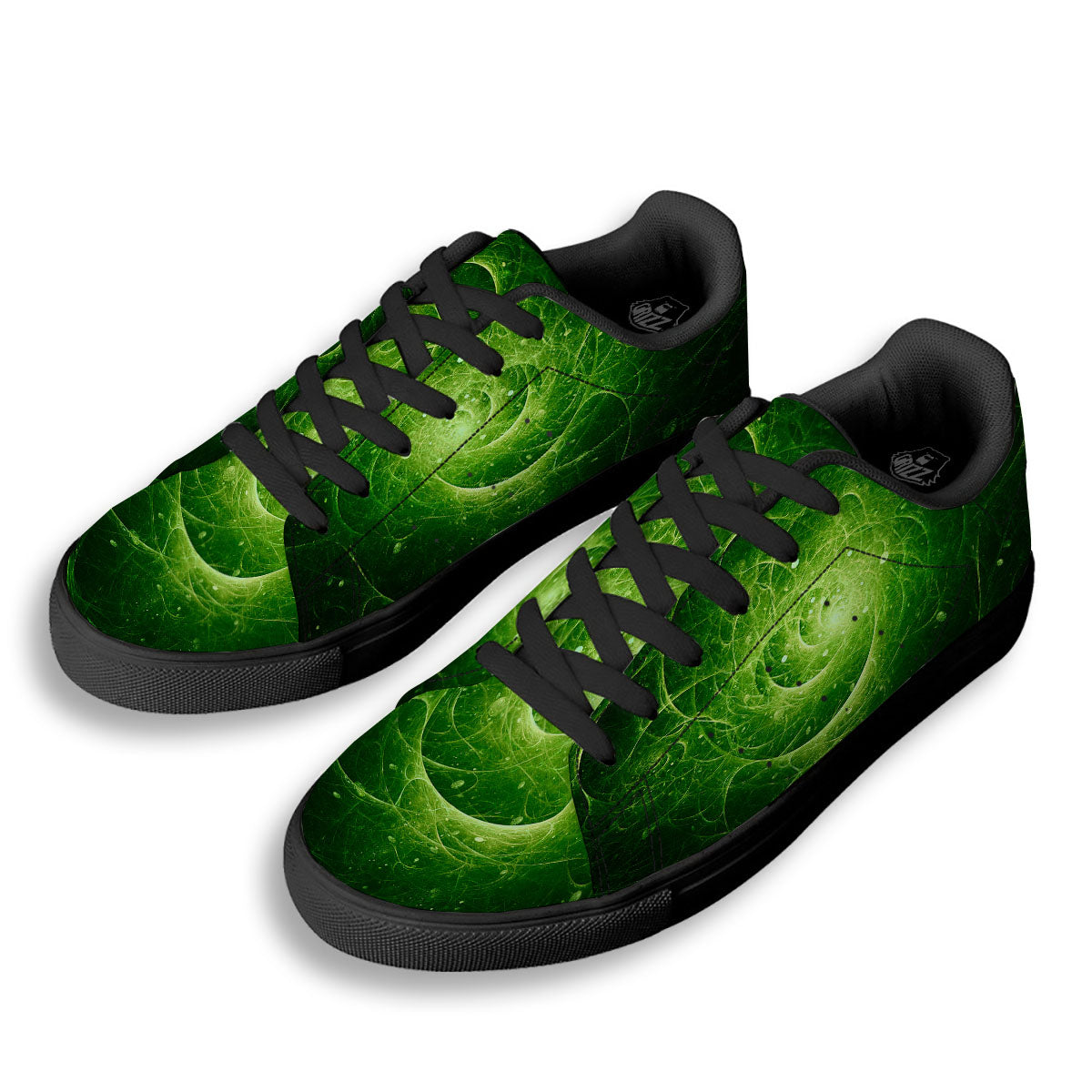 Fractal Green Print Black Low Top Sneakers-grizzshop