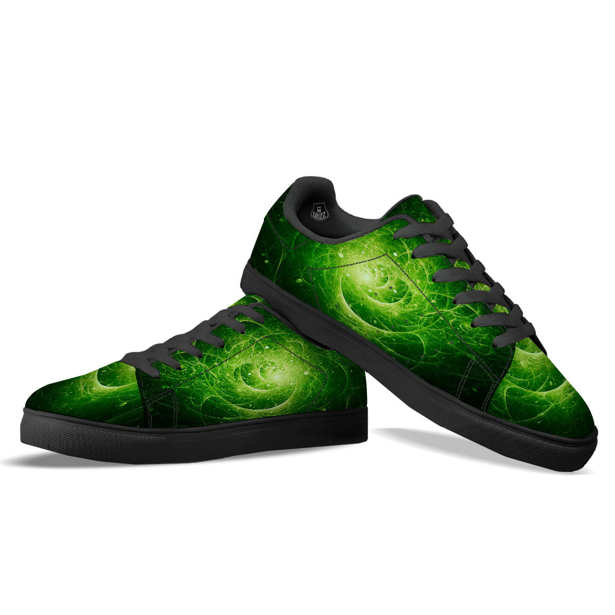 Fractal Green Print Black Low Top Sneakers-grizzshop