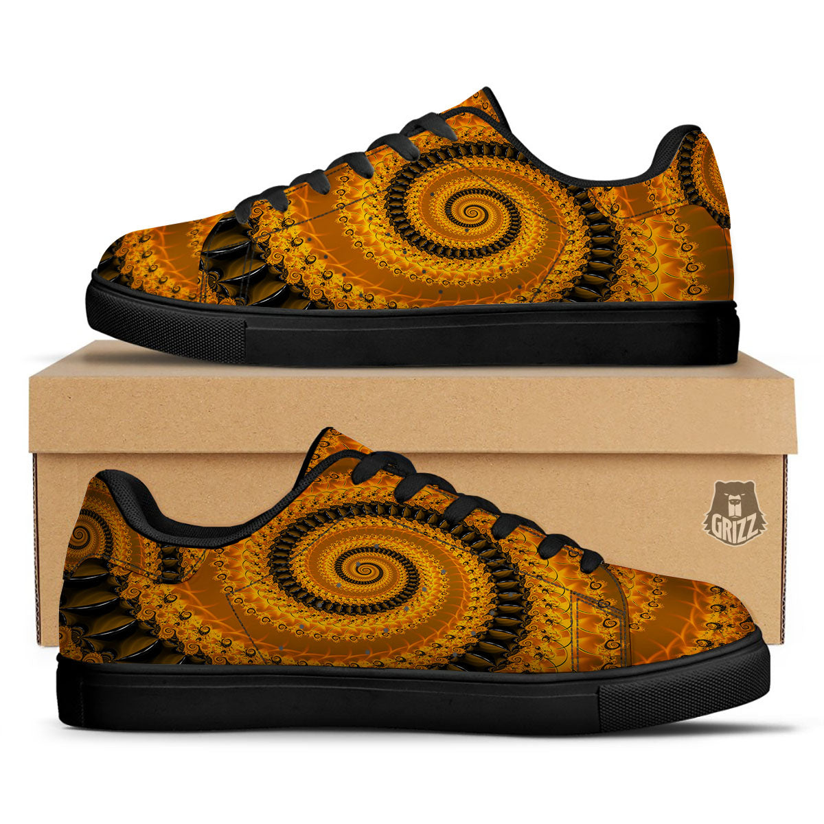 Fractal Orange Print Black Low Top Sneakers-grizzshop