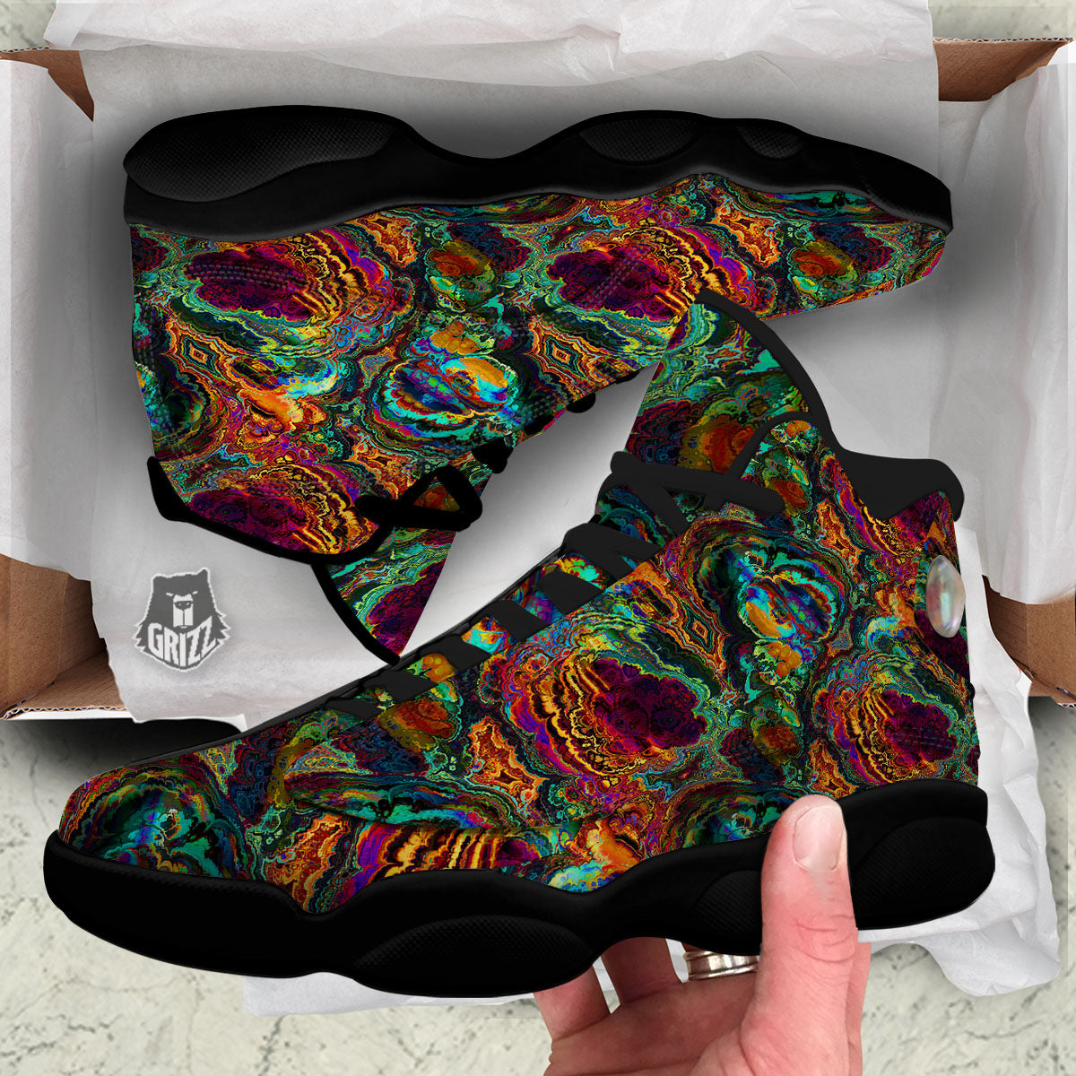 Fractal Psychedelic Print Pattern Black Basketball Shoes-grizzshop