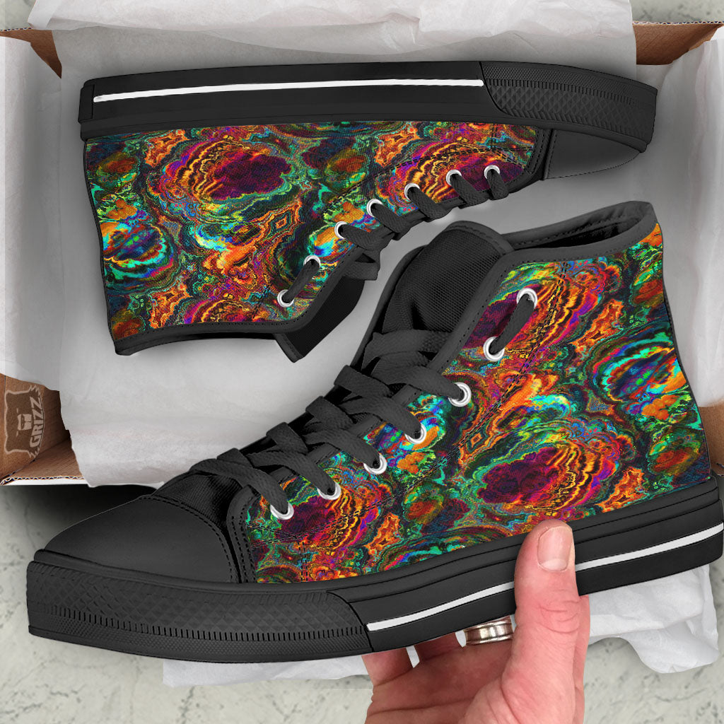 Fractal Psychedelic Print Pattern Black High Top Shoes-grizzshop