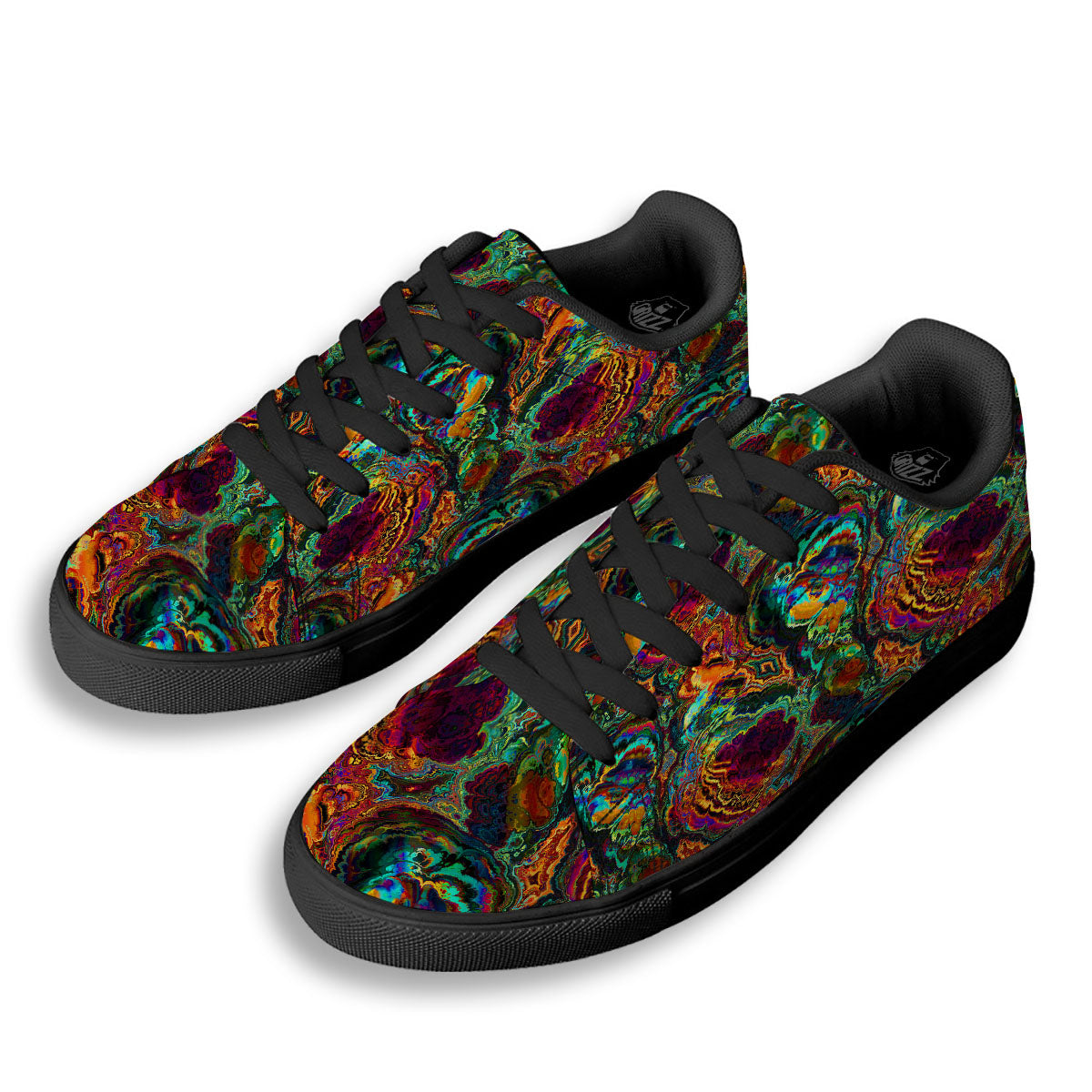 Fractal Psychedelic Print Pattern Black Low Top Sneakers-grizzshop