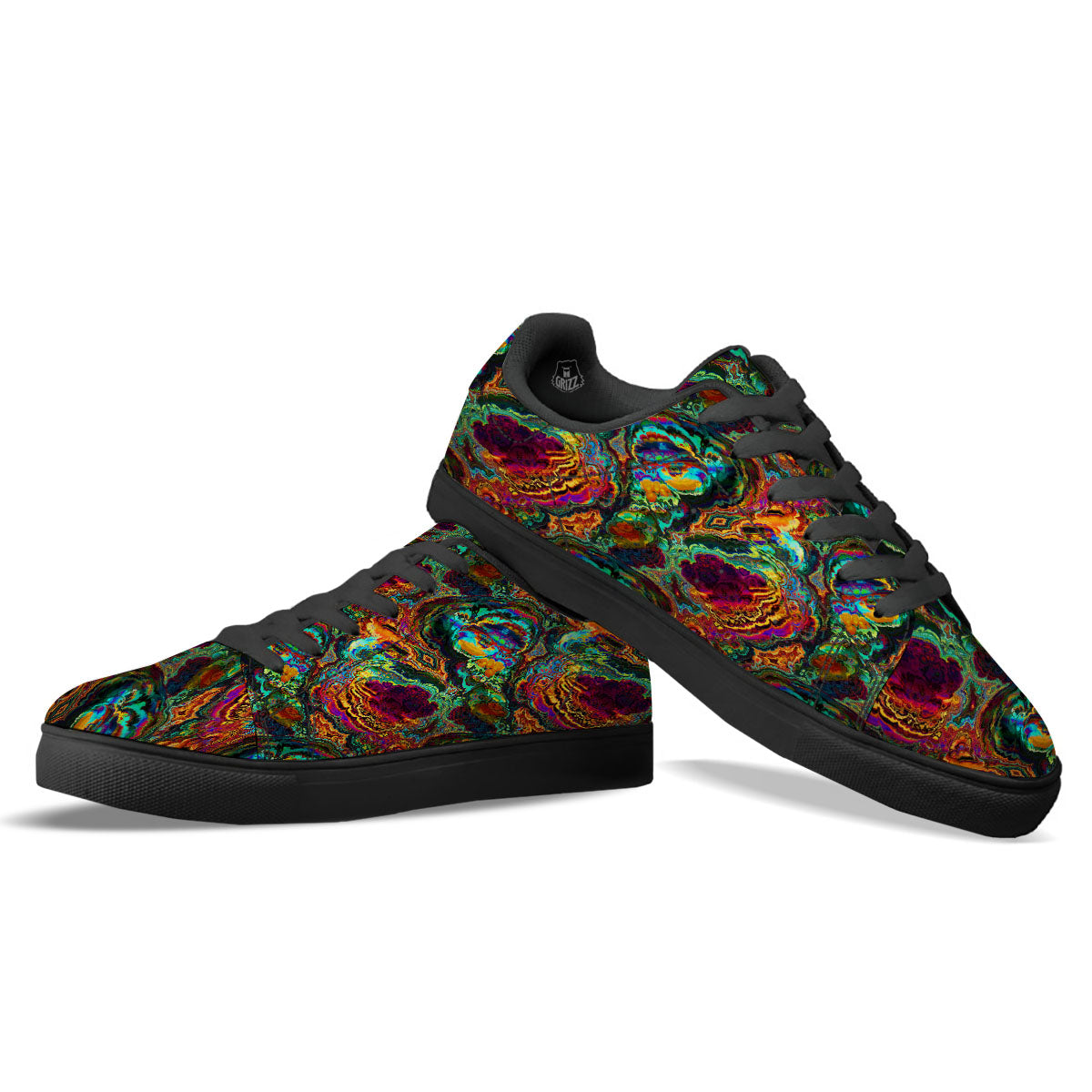 Fractal Psychedelic Print Pattern Black Low Top Sneakers-grizzshop