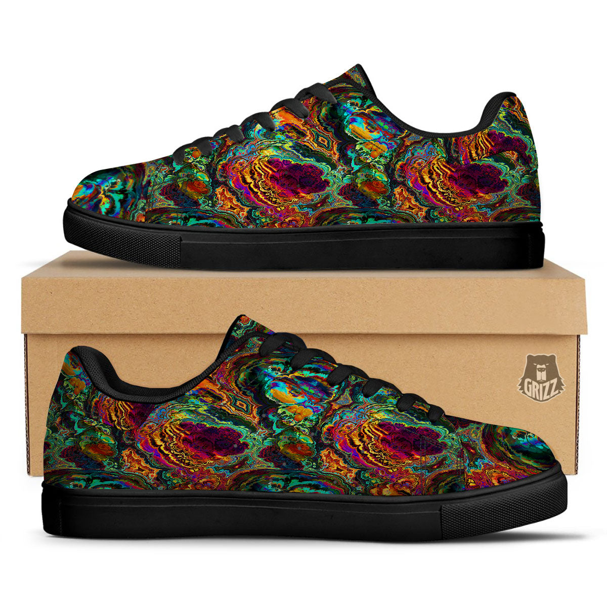 Fractal Psychedelic Print Pattern Black Low Top Sneakers-grizzshop