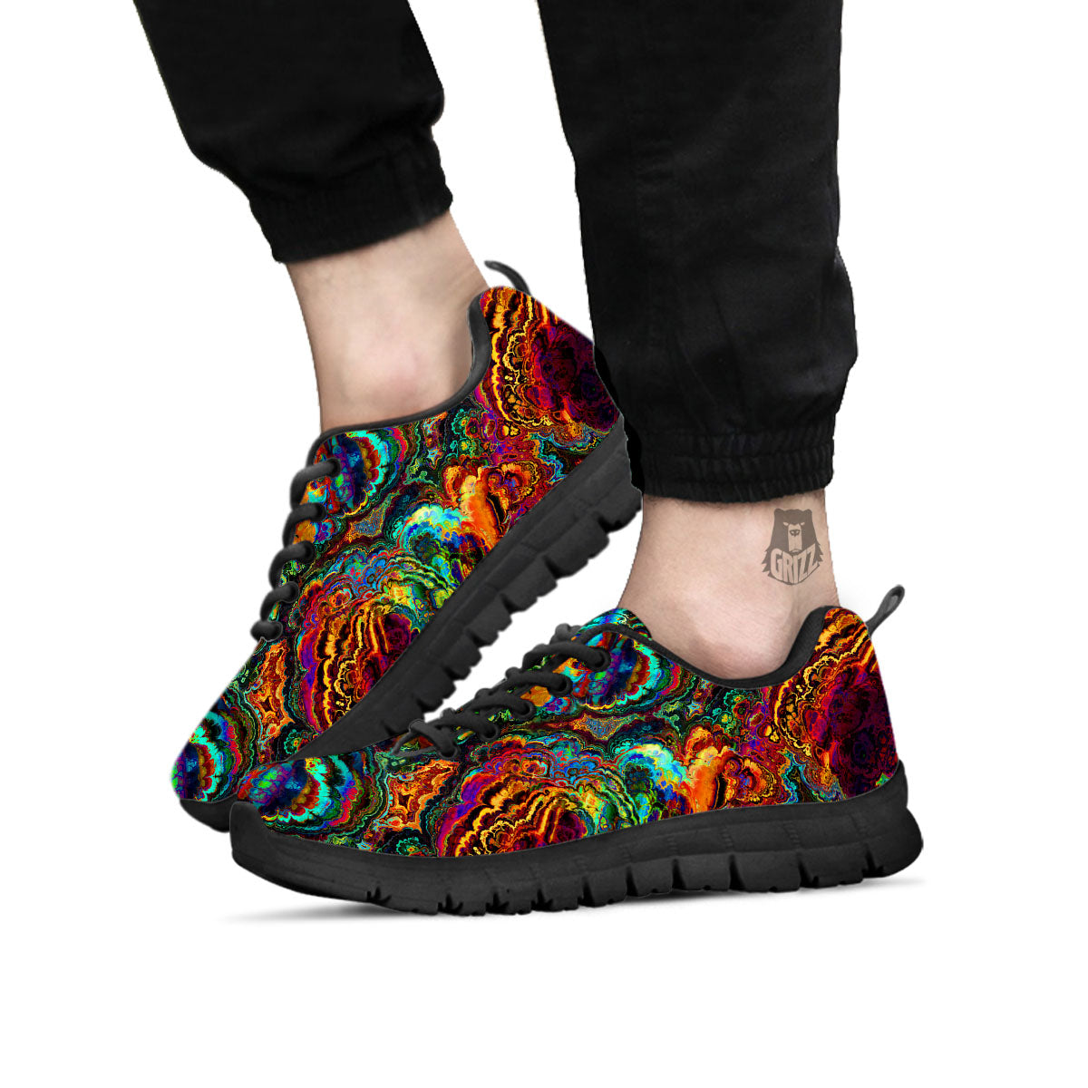 Fractal Psychedelic Print Pattern Black Sneaker-grizzshop