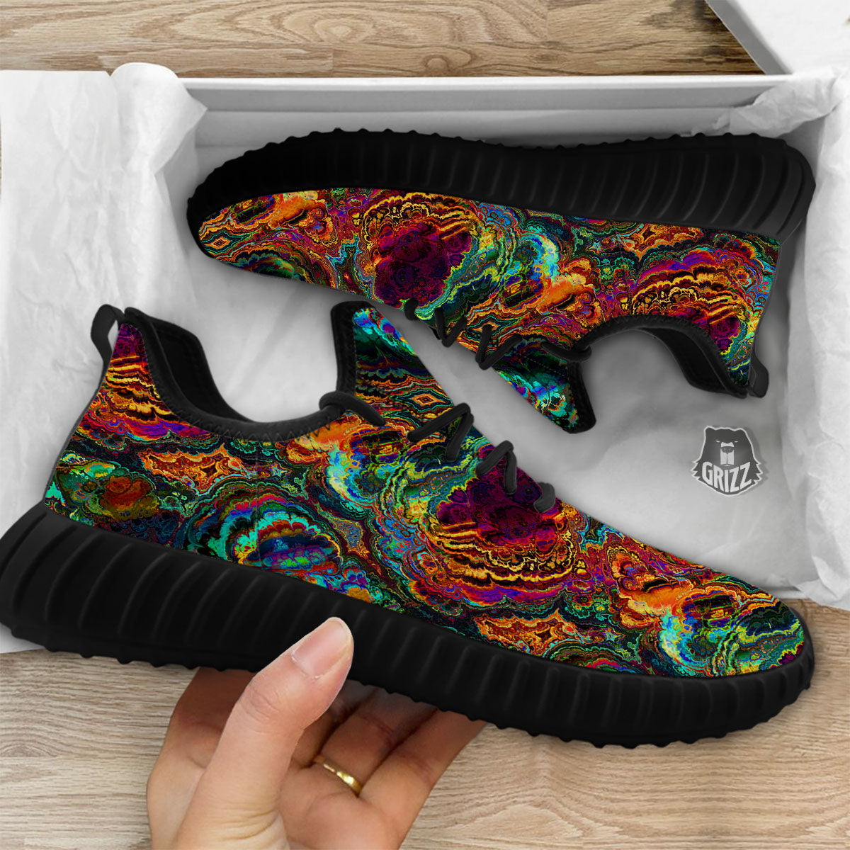 Fractal Psychedelic Print Pattern Black Walking Shoes-grizzshop