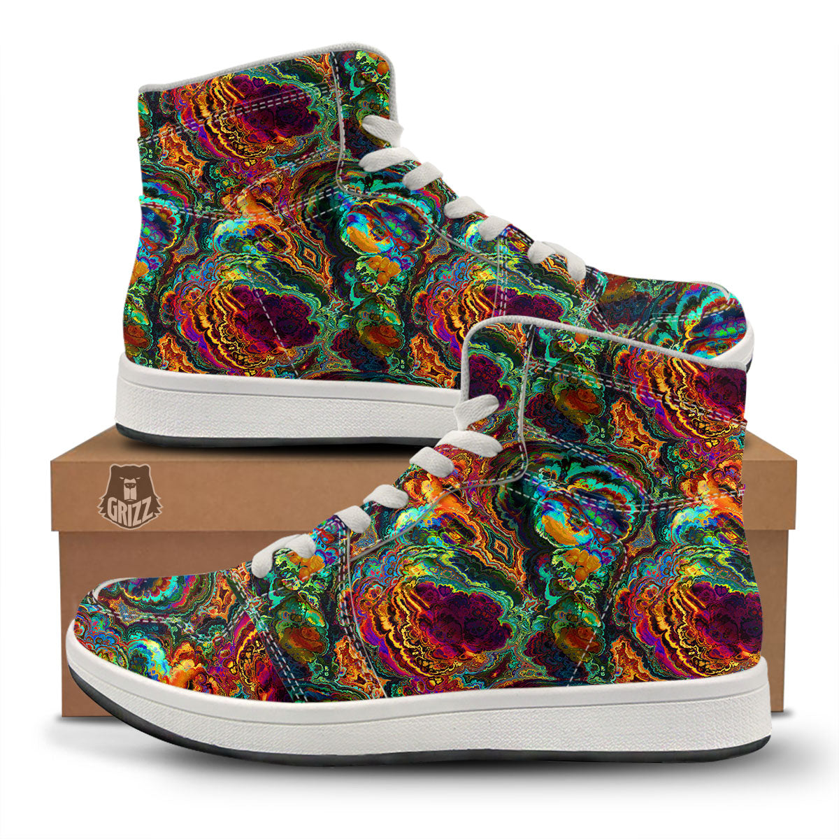 Fractal Psychedelic Print Pattern High Top Sneakers-grizzshop